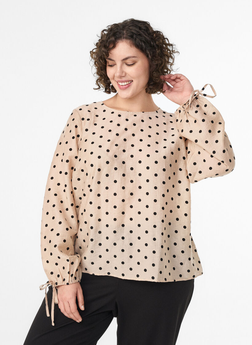 Bluse med prikker og knytedetaljer, Beige, Model image number 0