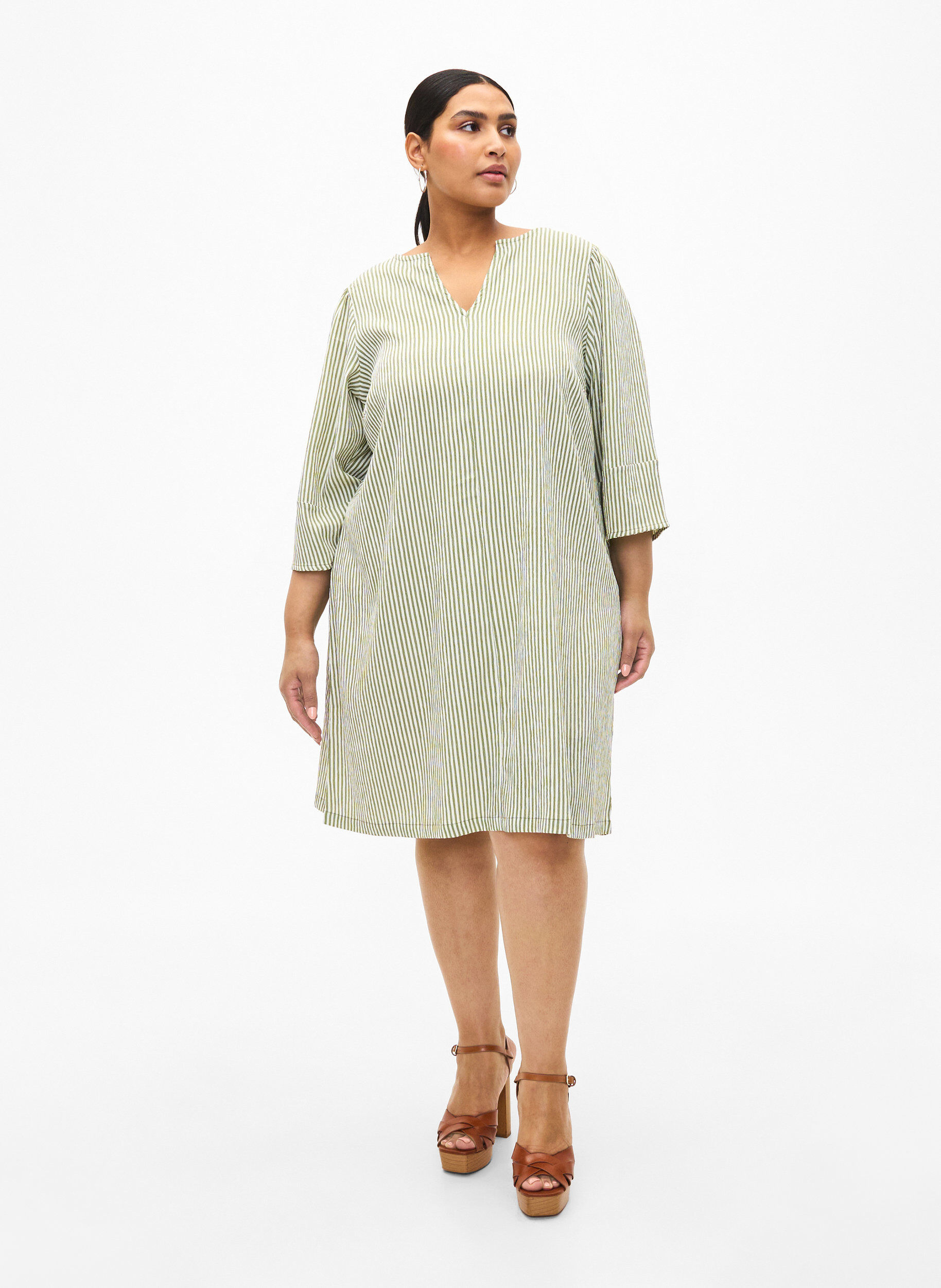 Zizzi Stripete kjole med trekvartlange ermer, Green Stripe, Model image number 2