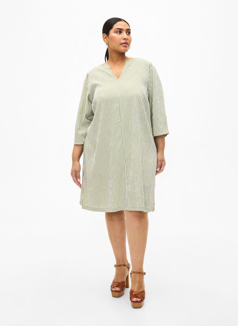 Stripete kjole med trekvartlange ermer, Green Stripe, Model image number 2