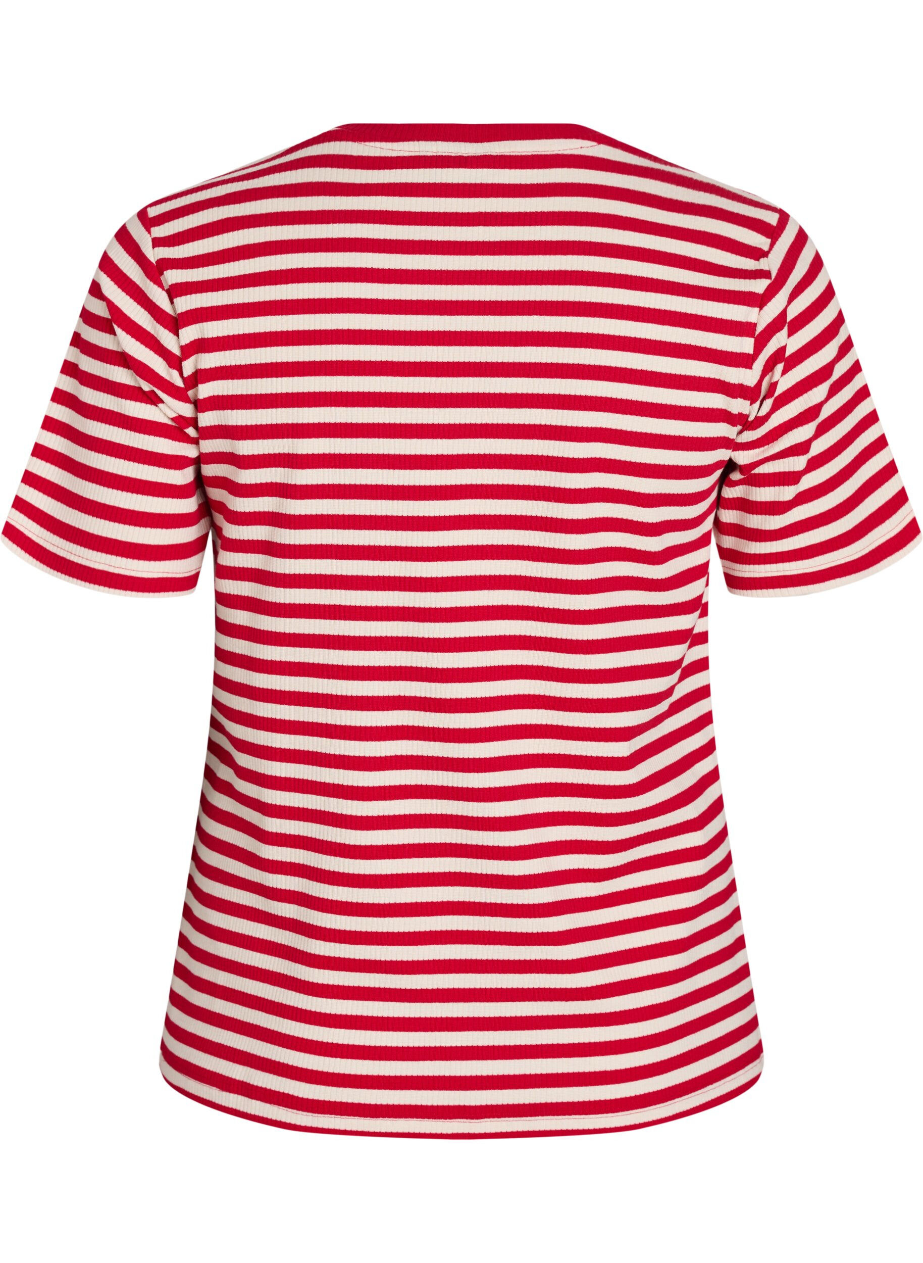 ZizziT-shirt med striper og ribbestrikket struktur, R&oslash;d, Packshot image number 1