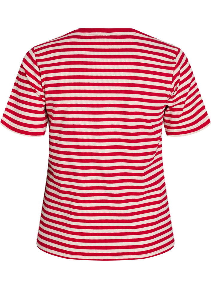 T-shirt med striper og ribbestrikket struktur, R&oslash;d, Packshot image number 1