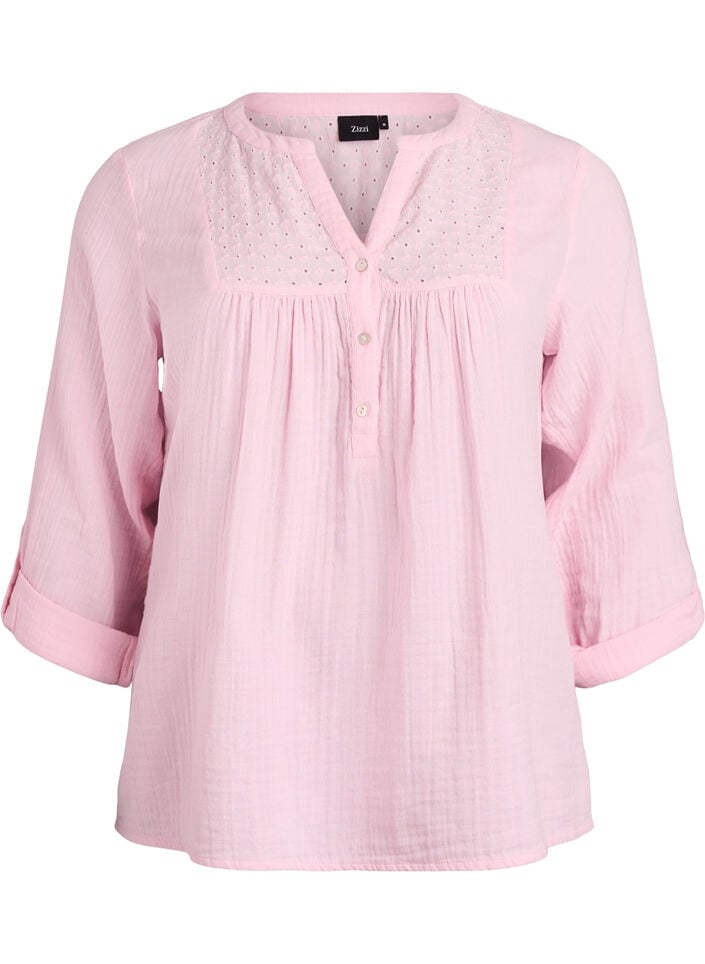 Bluse i bomullsmuslin med broderie anglaise, Rosa, Packshot image number 0