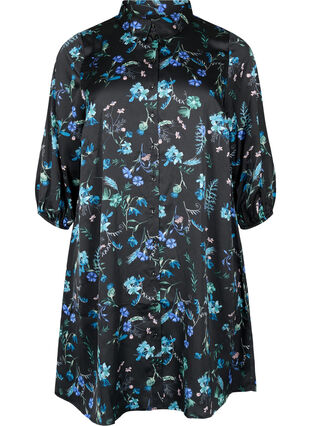 Skjortekjole med 3/4-ermer og blomstertrykk, Blue Flower AOP, Packshot image number 0