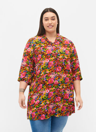 Blomstrete tunika i viskose med 3/4-ermer, Neon Flower Print, Model image number 0