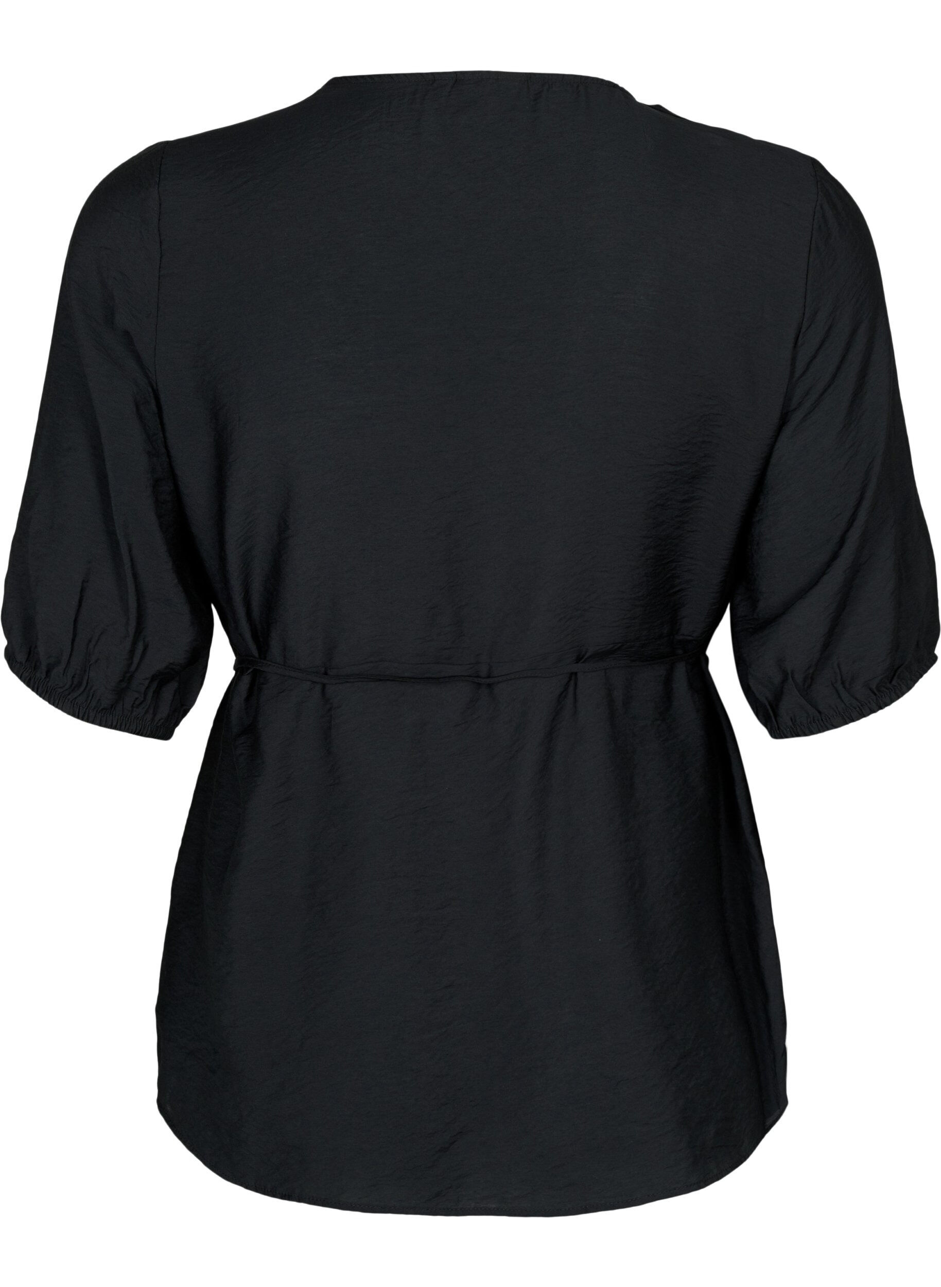 Zizzi wrap Bluse i viskose med 1/2 ermer, Black, Packshot image number 1