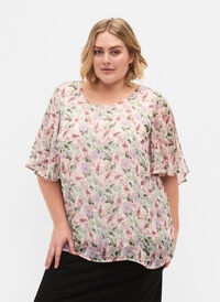Bluse med blomstermønster og splitt på ermene , Flower AOP, Model