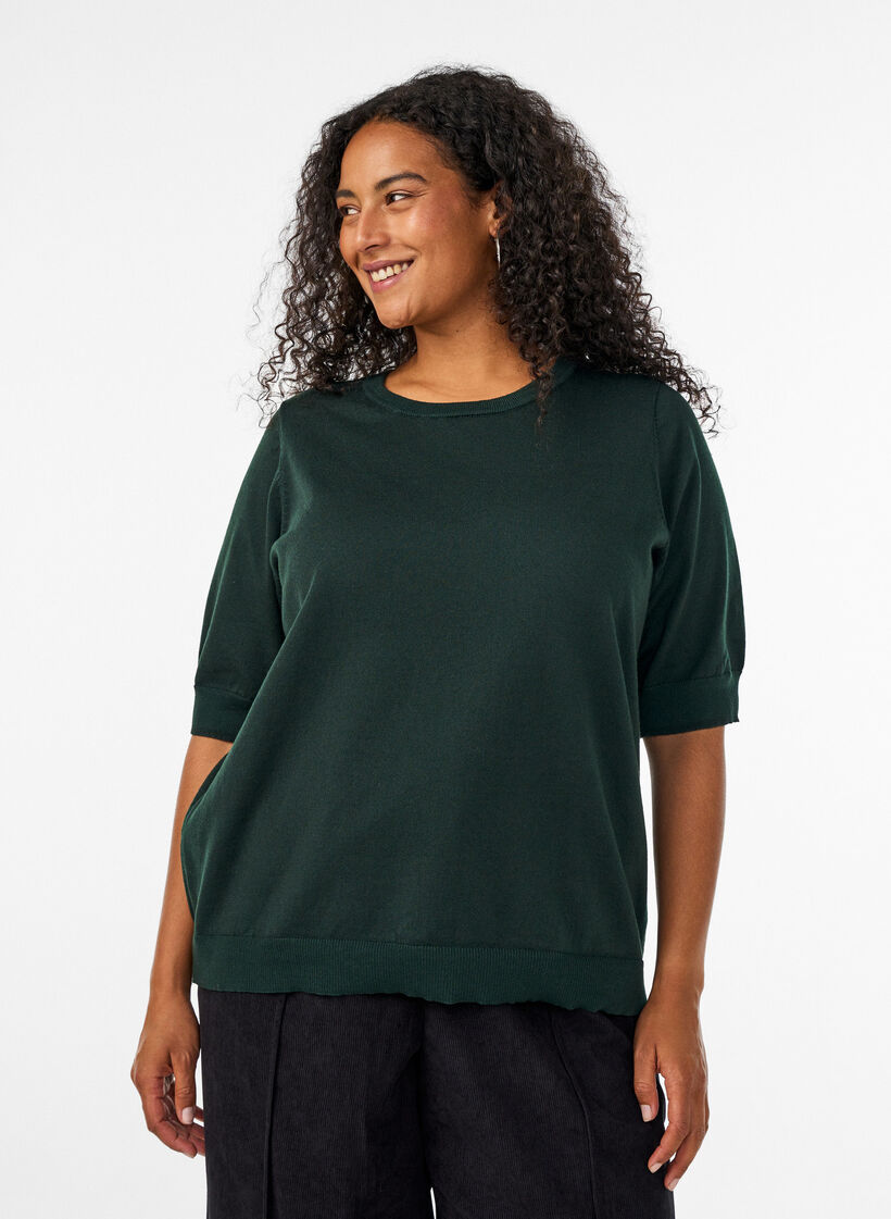 Finstrikket bluse med korte ermer, Gr&oslash;nn, Model image number 0