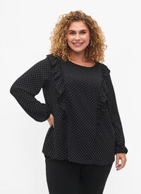 SJOKKPRIS - Bluse med lange ermer og volanger, Black Dot, Model