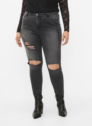 Tettsittende jeans med detaljer, Grey Denim, Model image number 2