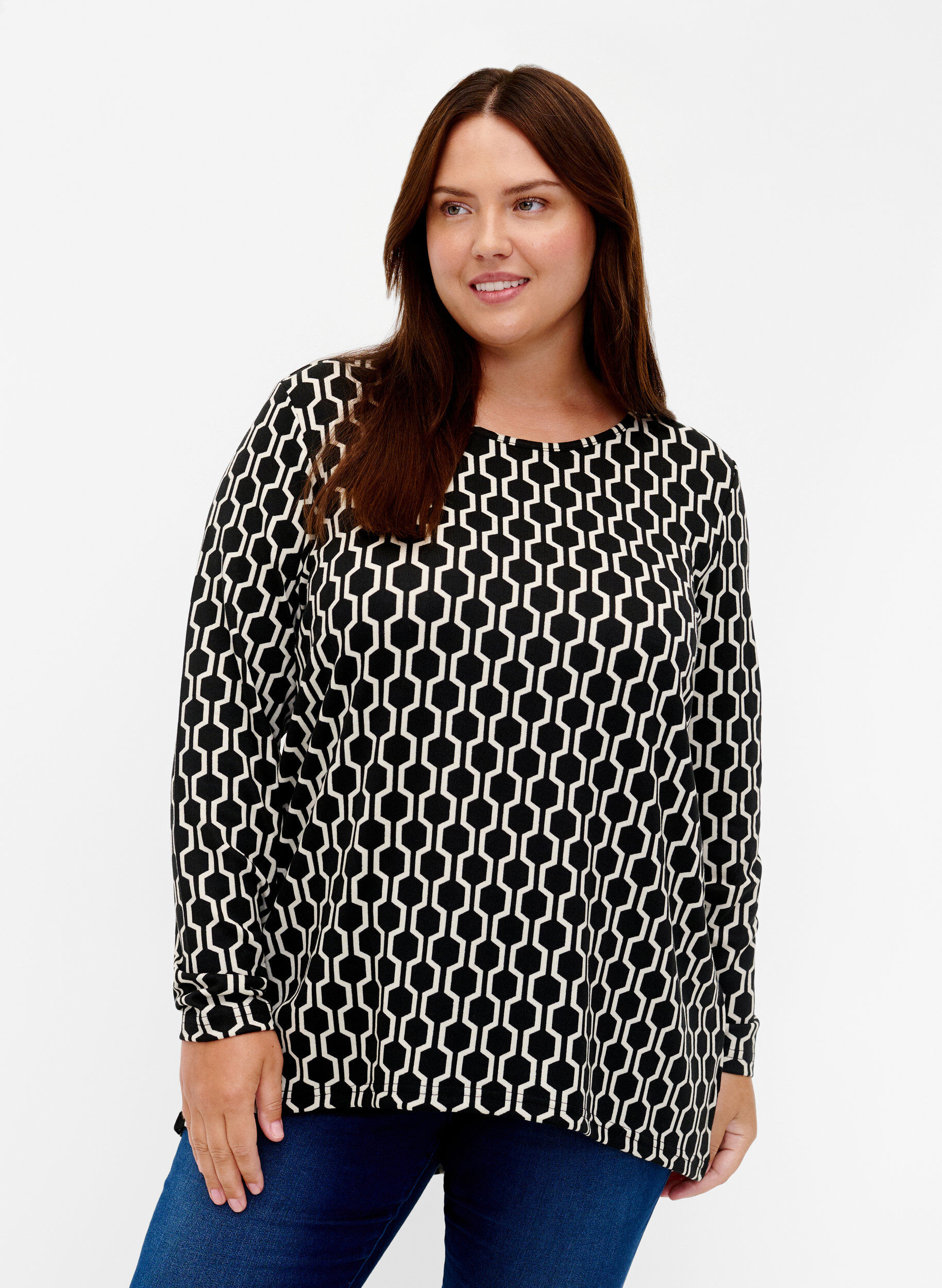 Zizzi M&oslash;nstret bluse med lange ermer, Birch W. Graphic, Model image number 0