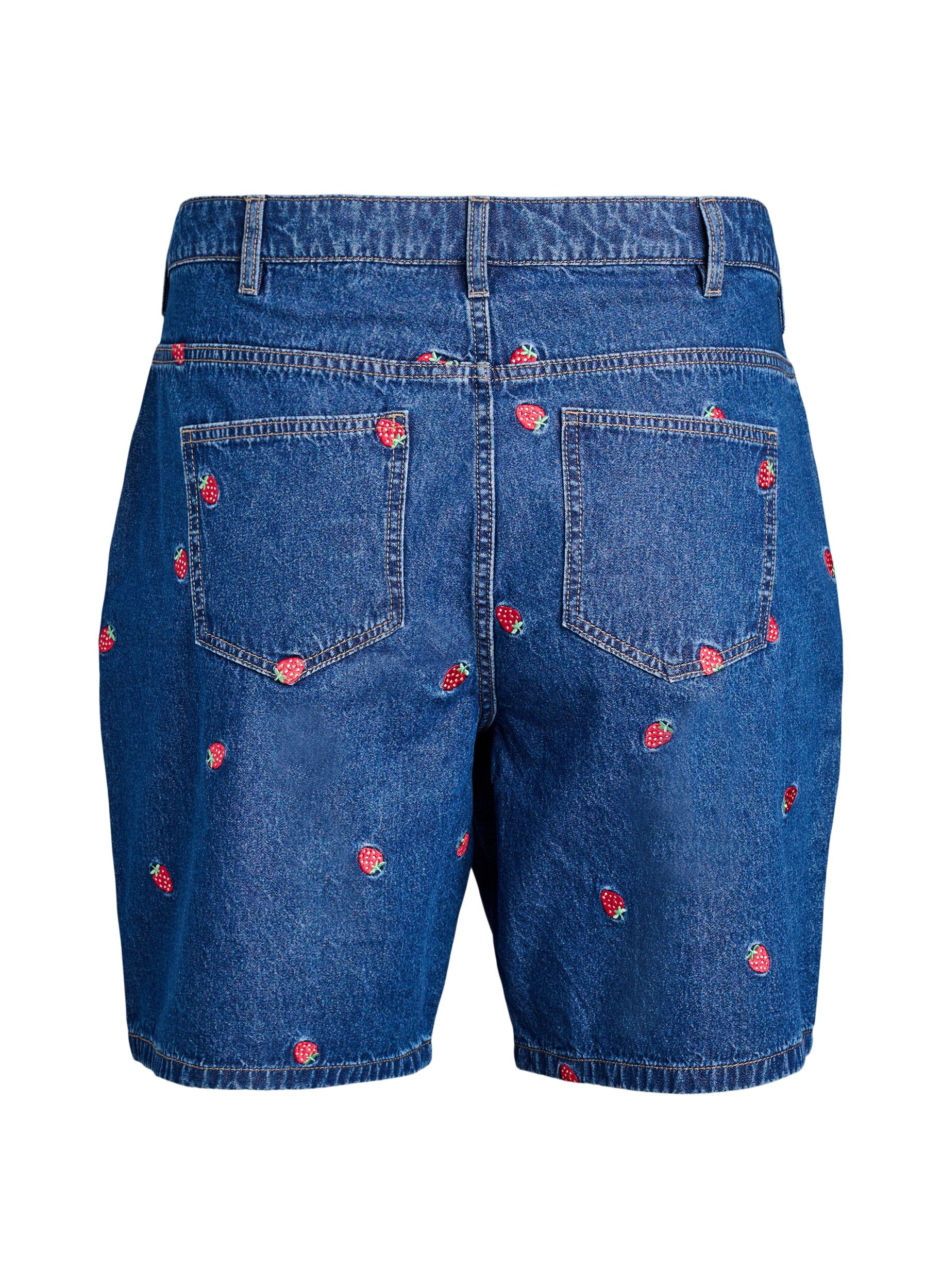 Zizzi Dongerishorts med broderte jordb&aelig;r, Bl&aring;, Packshot image number 1