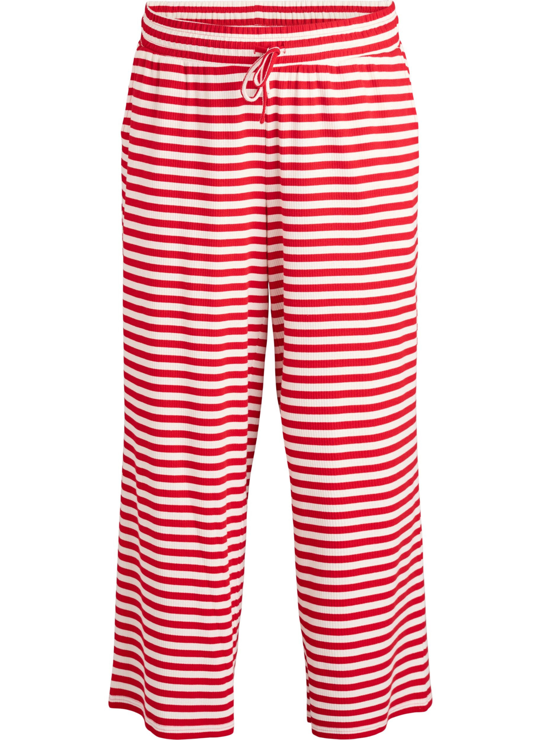 ZizziStripete pyjamasbukser med h&oslash;y midje og vide ben, R&oslash;d, Packshot image number 0