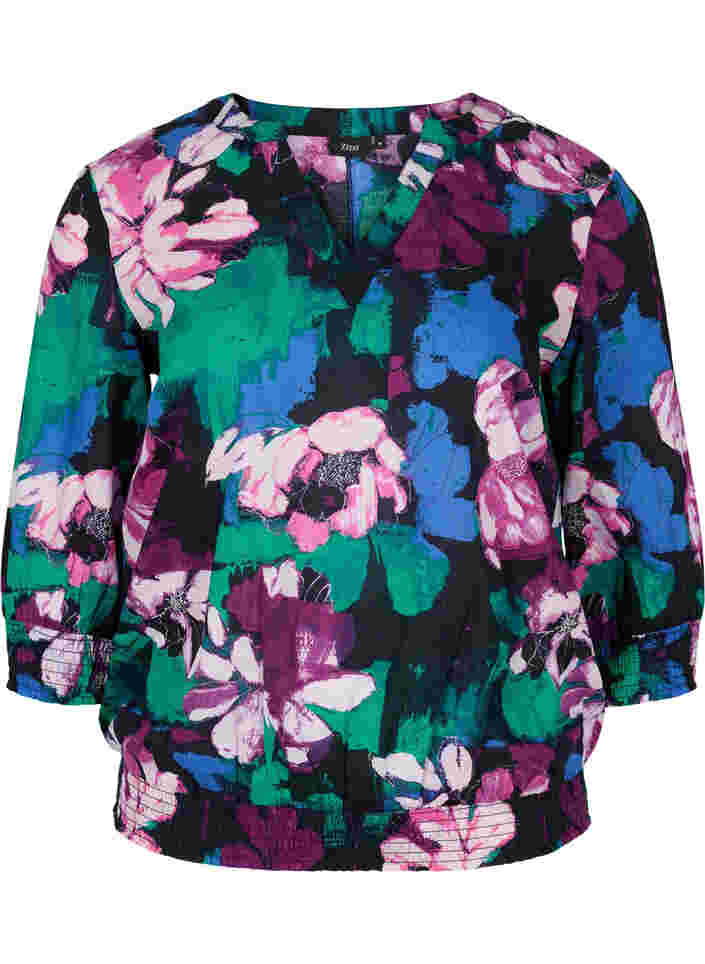 Blomstrete bluse med 3/4-ermer i viskose, Black Flower AOP, Packshot image number 0