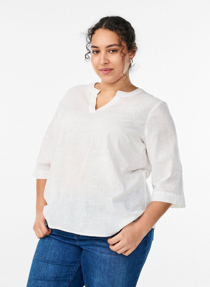 Bluse i bomull med broderte detaljer og 3/4 ermer, Hvit, Model image number 0