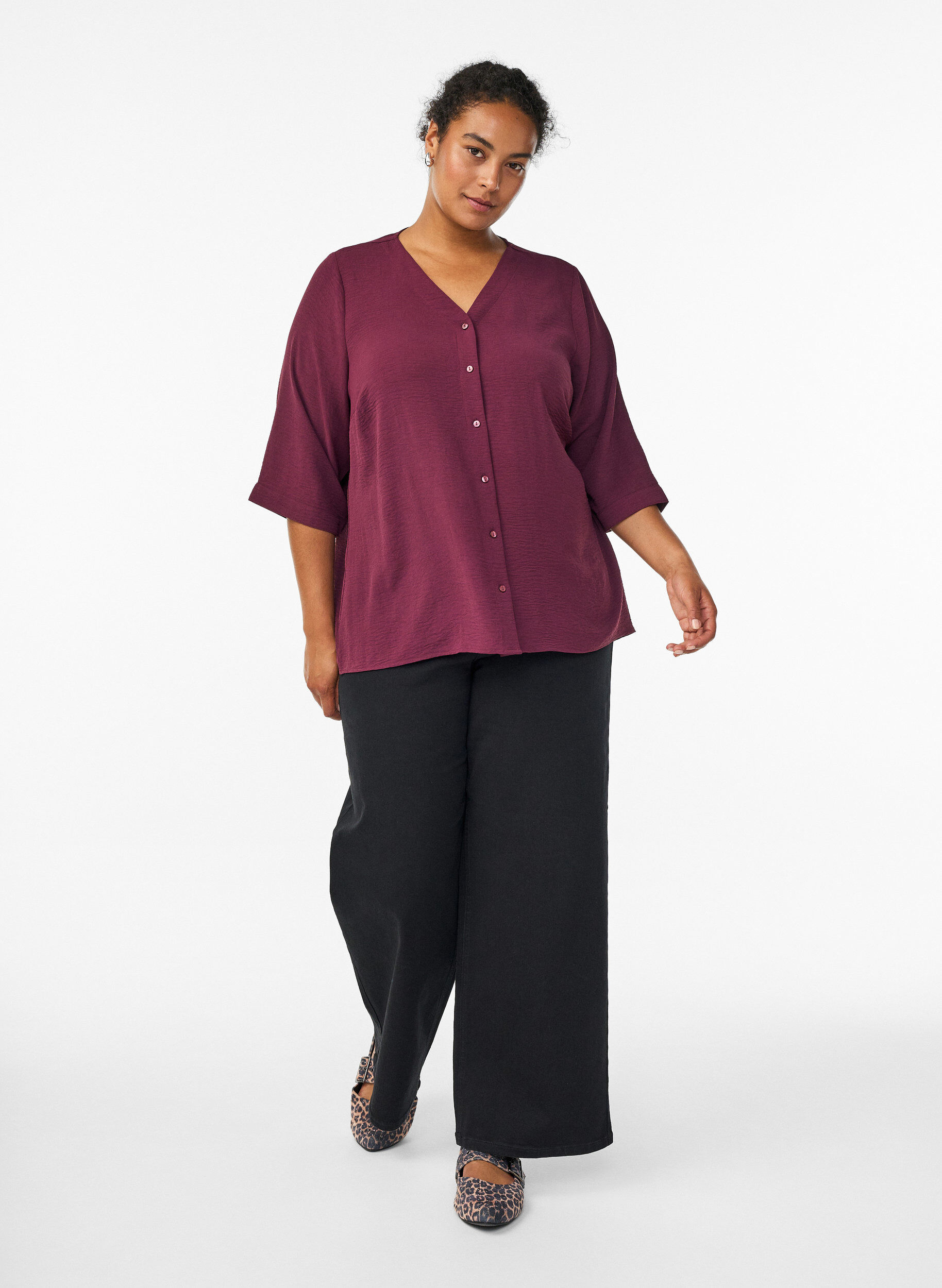 ZizziSkjortebluse med v-hals og 3/4 ermer, R&oslash;d, Model image number 1