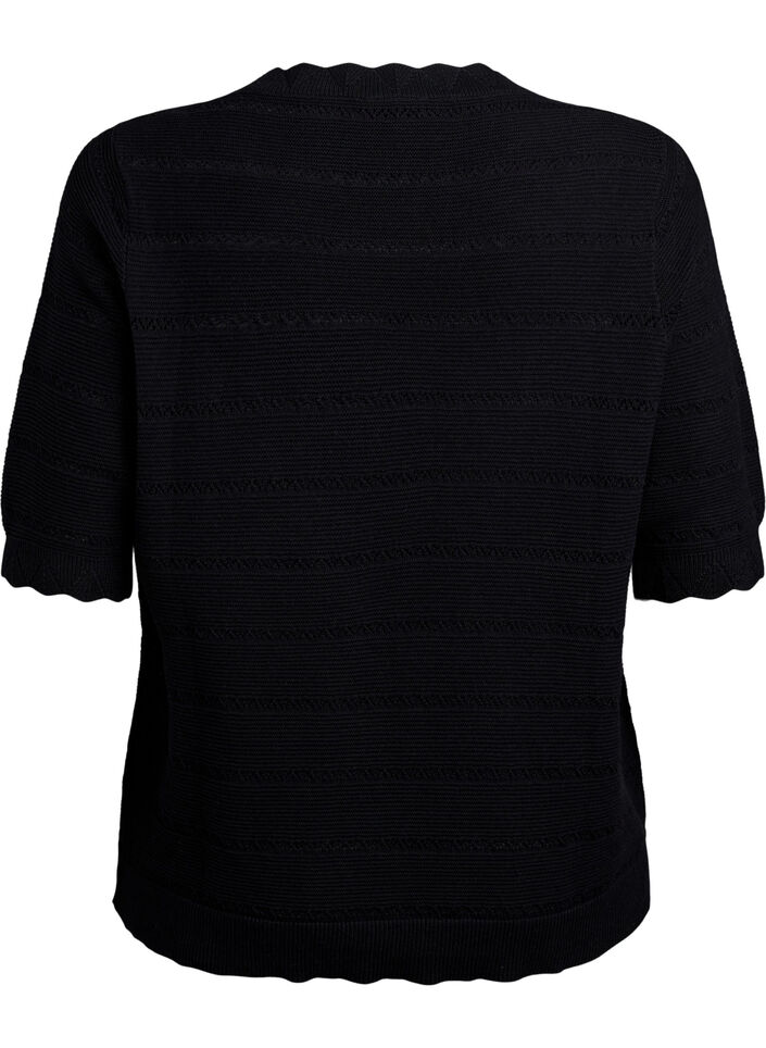 Strikket bluse med stripet hullmønster og korte ermer, Svart, Packshot image number 1