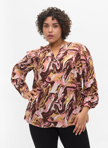 Mønstrete viskosebluse med V-hals, AOP, Model image number 0