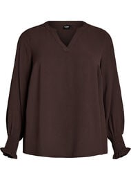 Bluse med smockmansjetter og V-hals, Brun