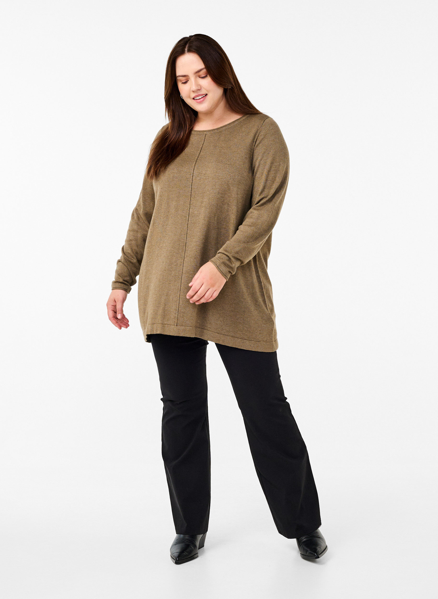 Zizzi Strikket bluse i bomull og viskoseblanding, Gr&oslash;nn, Model image number 1