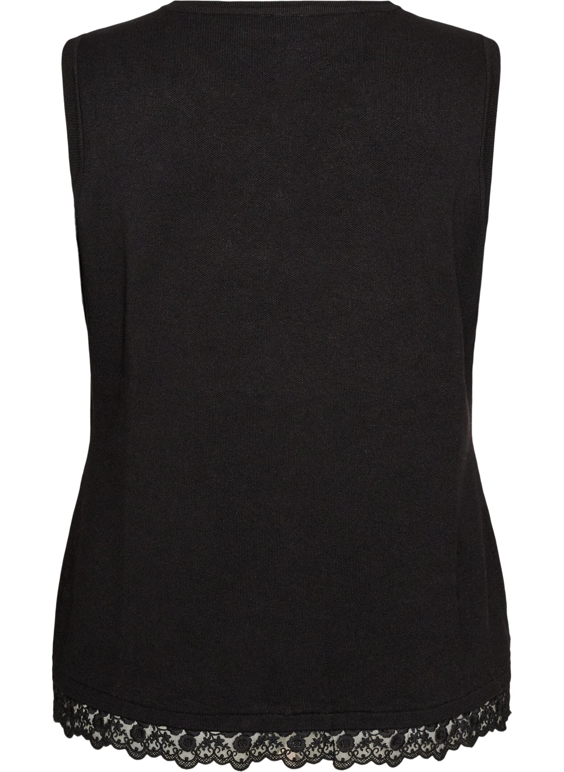 ZizziStrikkevest med blondekant, Svart, Packshot image number 1