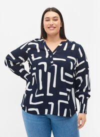 Mønstrete bluse i viskose med smock, Night Sky Geometric, Model