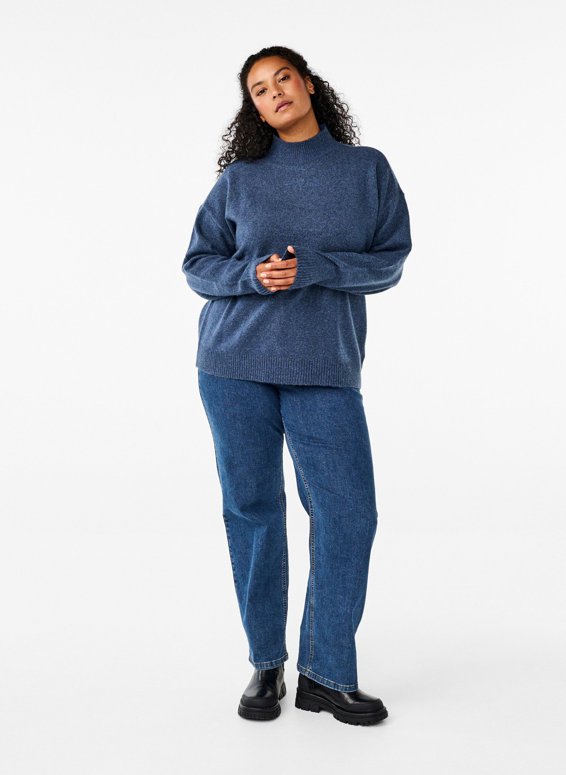 Zizzi Strikket ullbluse med h&oslash;y hals, Bering Sea Mel., Model image number 2