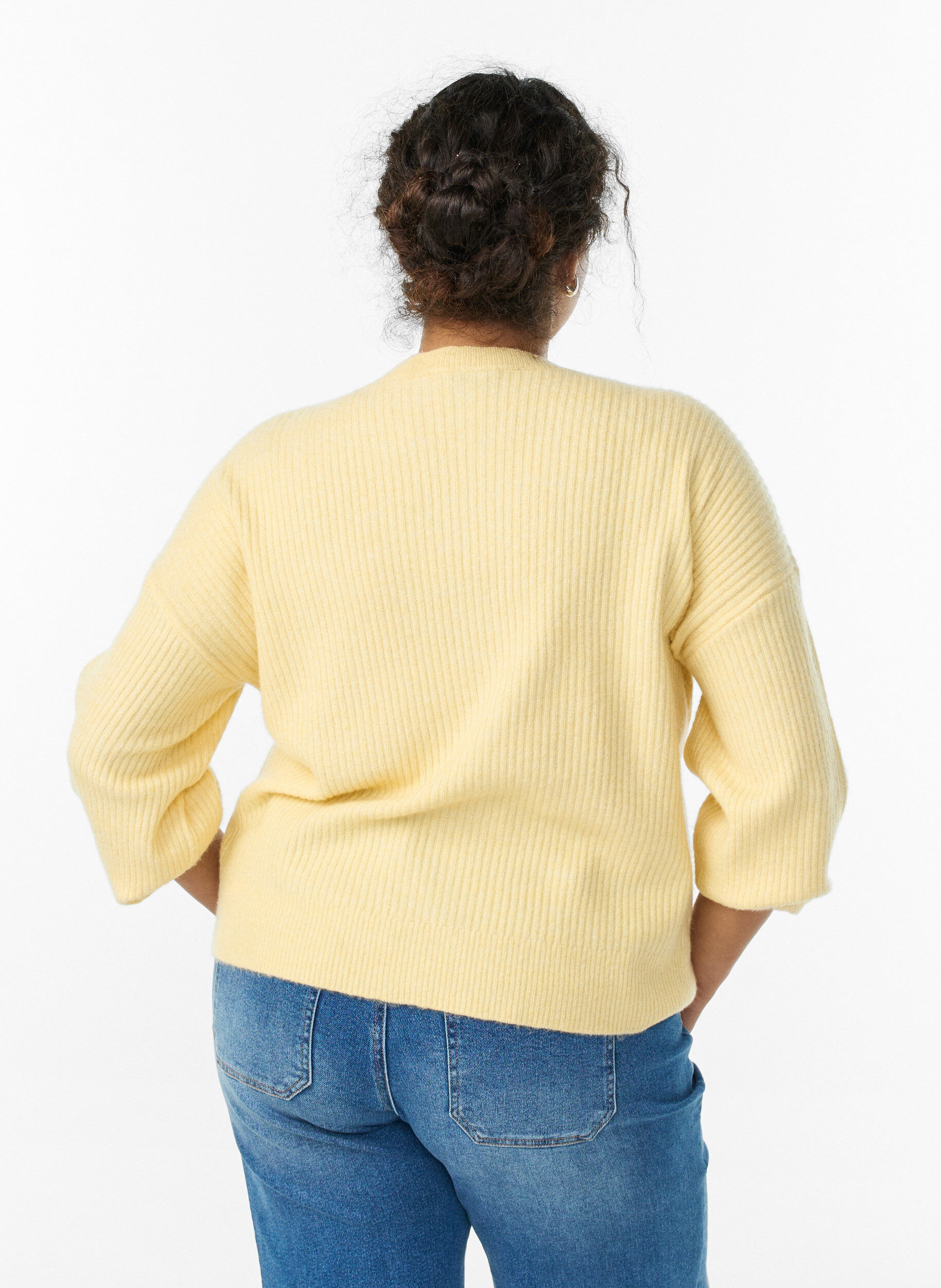 ZizziRibbestrikket cardigan med knapper, Gul, Model image number 2