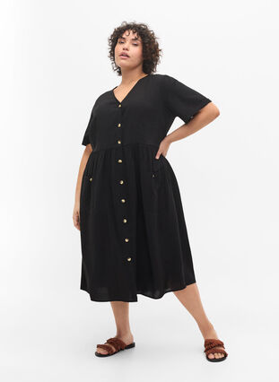 Kortermet kjole med knapper og lommer, Black, Model image number 2