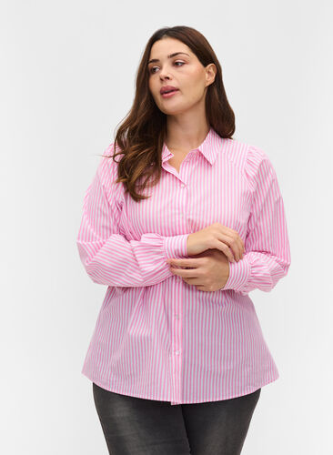 Stripete skjorte i bomull, White/ Pink Stripe, Model image number 0