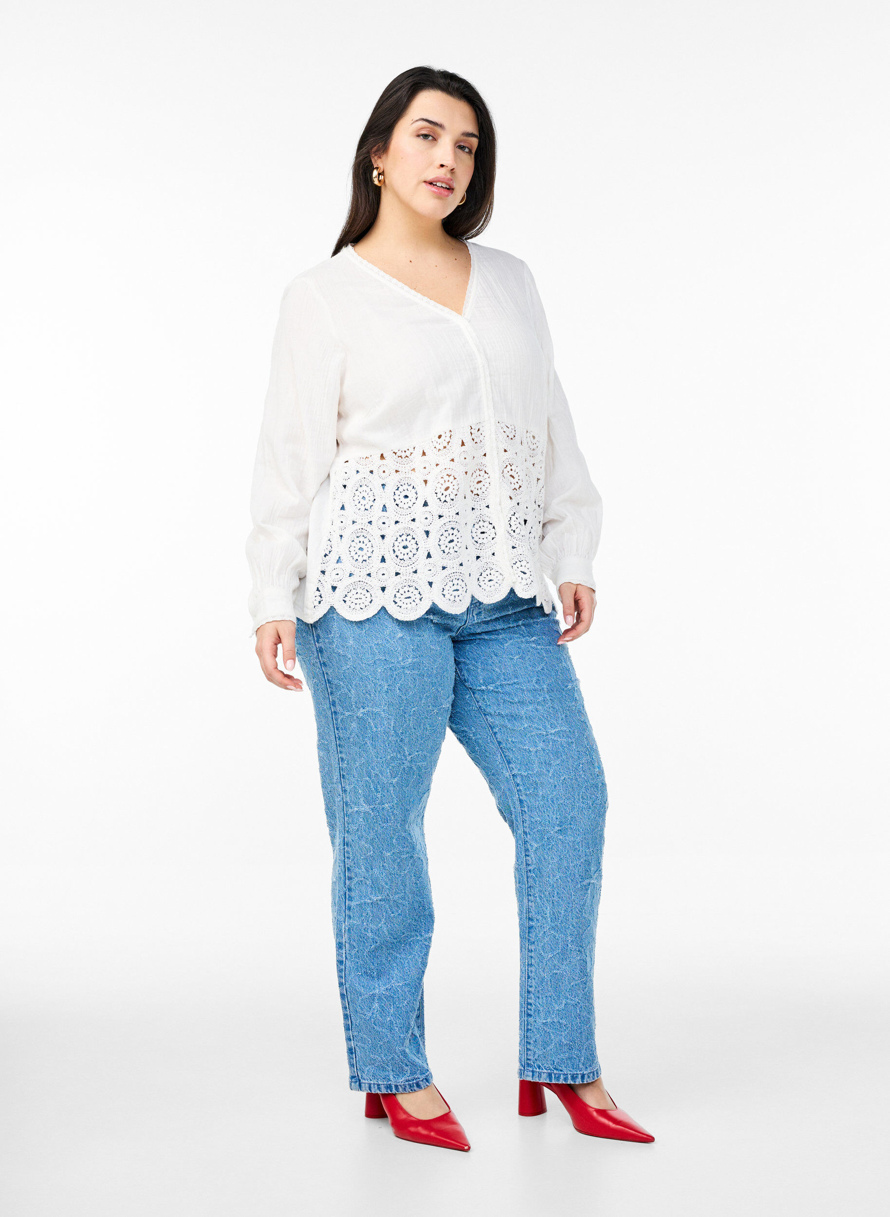 Zizzi Bomullsskjorte med heklede detaljer, Vanilje, Model image number 1