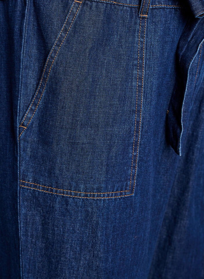 Denim jumpsuit med korte ermer og knytebelte, Bl&aring;, Packshot image number 3