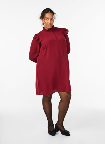 Zizzi Kort kjole med volanger og glitter, Mørk Bordeaux, Model image number 1