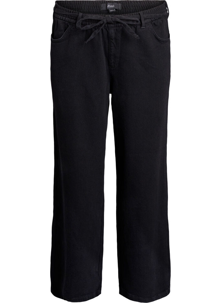 Loose fit-jeans med elastisk linning og snøring, Black Wash, Packshot