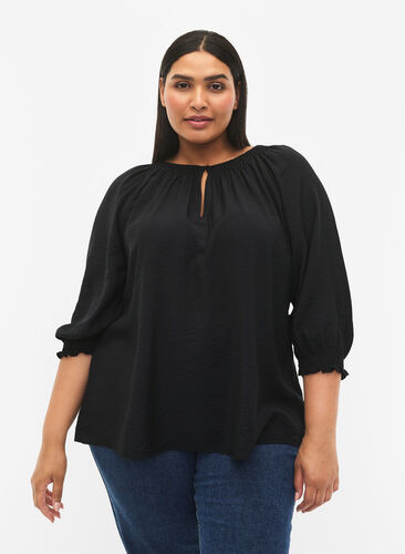 A-formet viskose bluse med 3/4-ermer, Black, Model image number 0