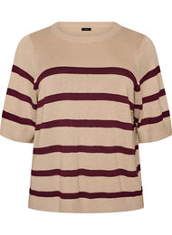 Stripete strikketopp med korte ermer, Beige