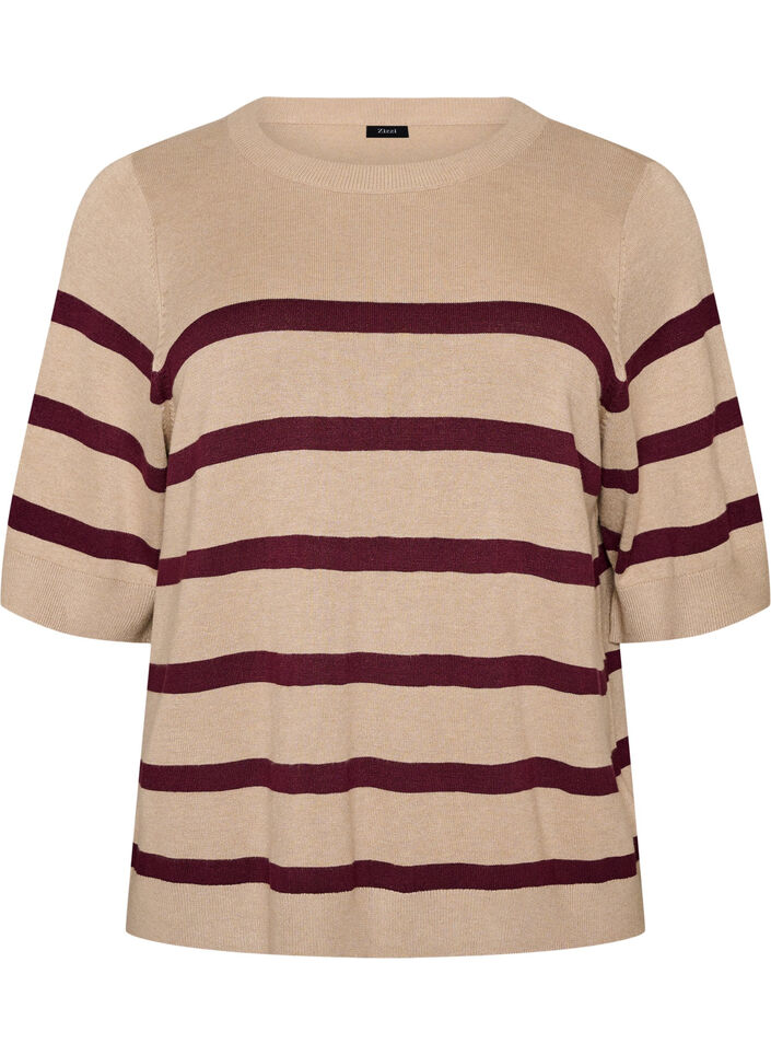 Stripete strikketopp med korte ermer, Beige, Packshot image number 0