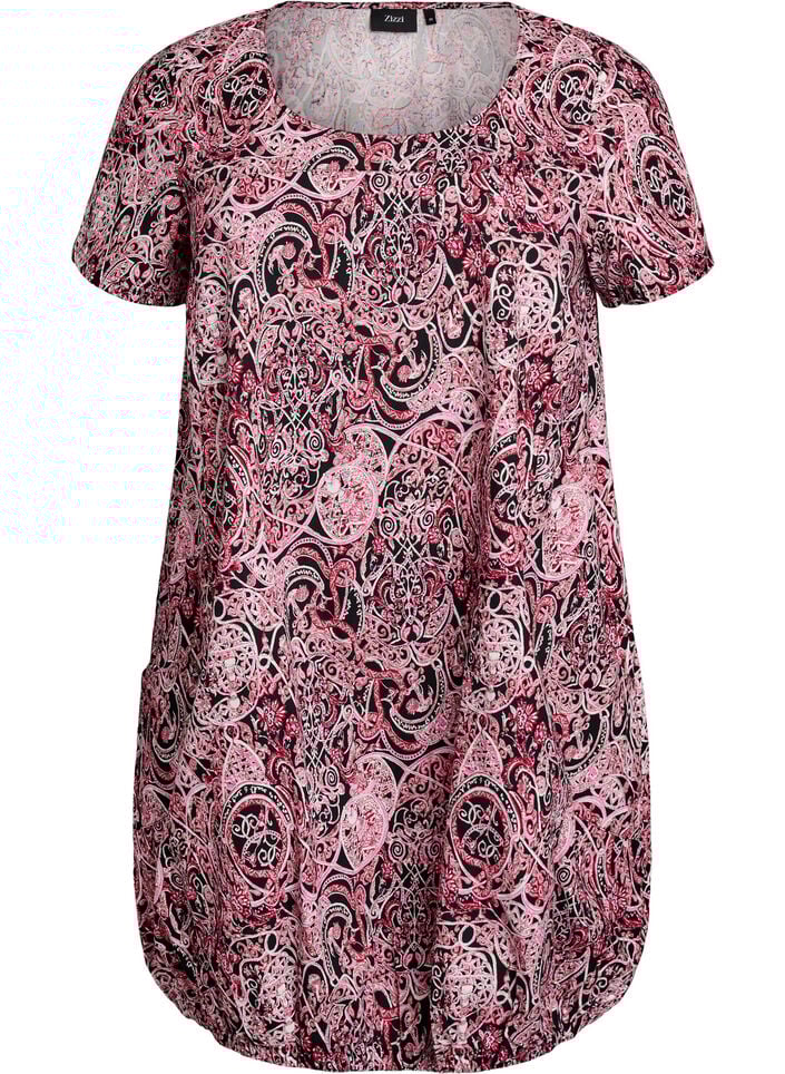 Kortermet bomullskjole med trykt m&oslash;nster, Svart, Packshot image number 0