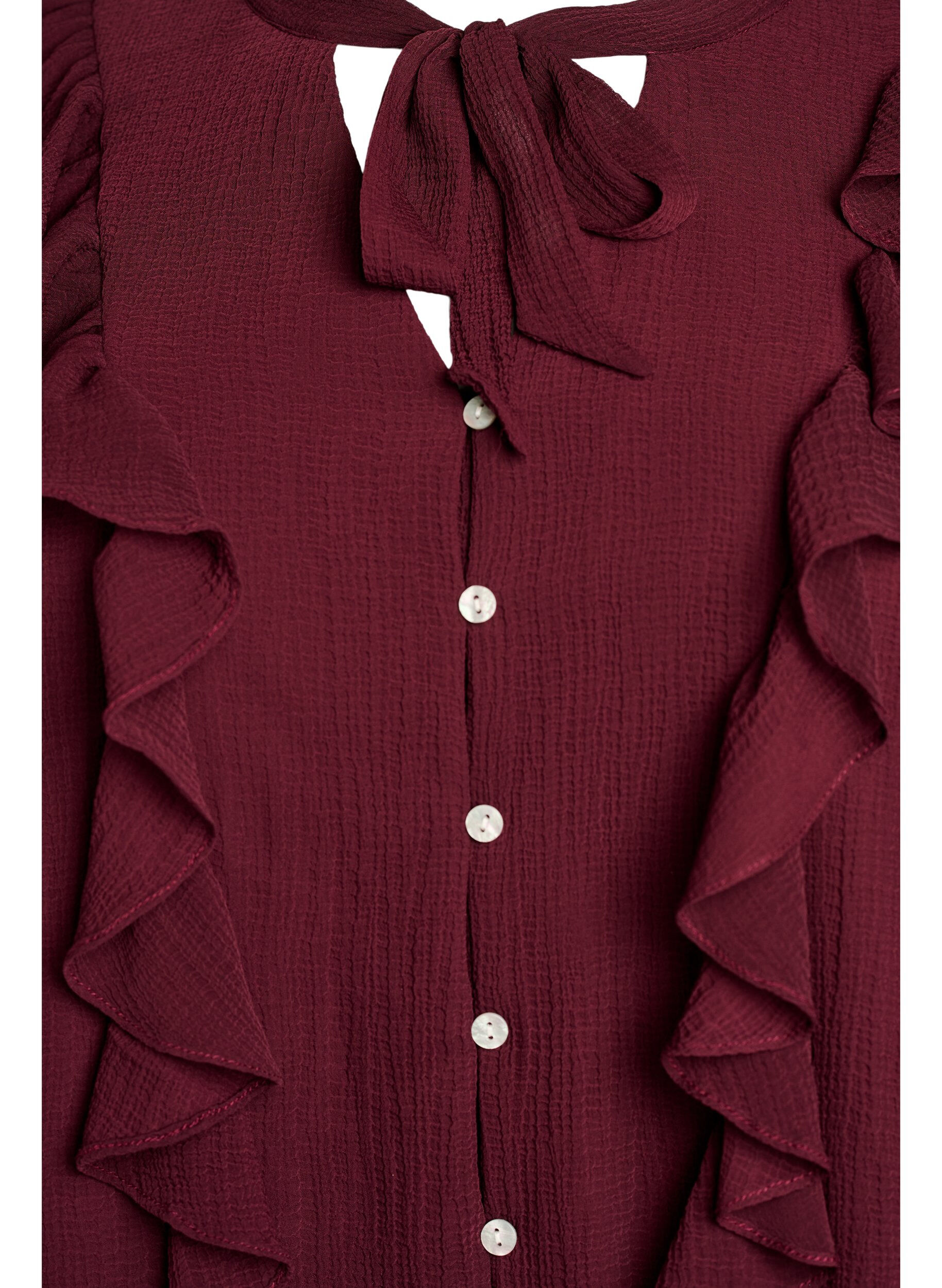 ZizziGjennomsiktig bluse med volanger og knyte-lukking, R&oslash;d, Packshot image number 2