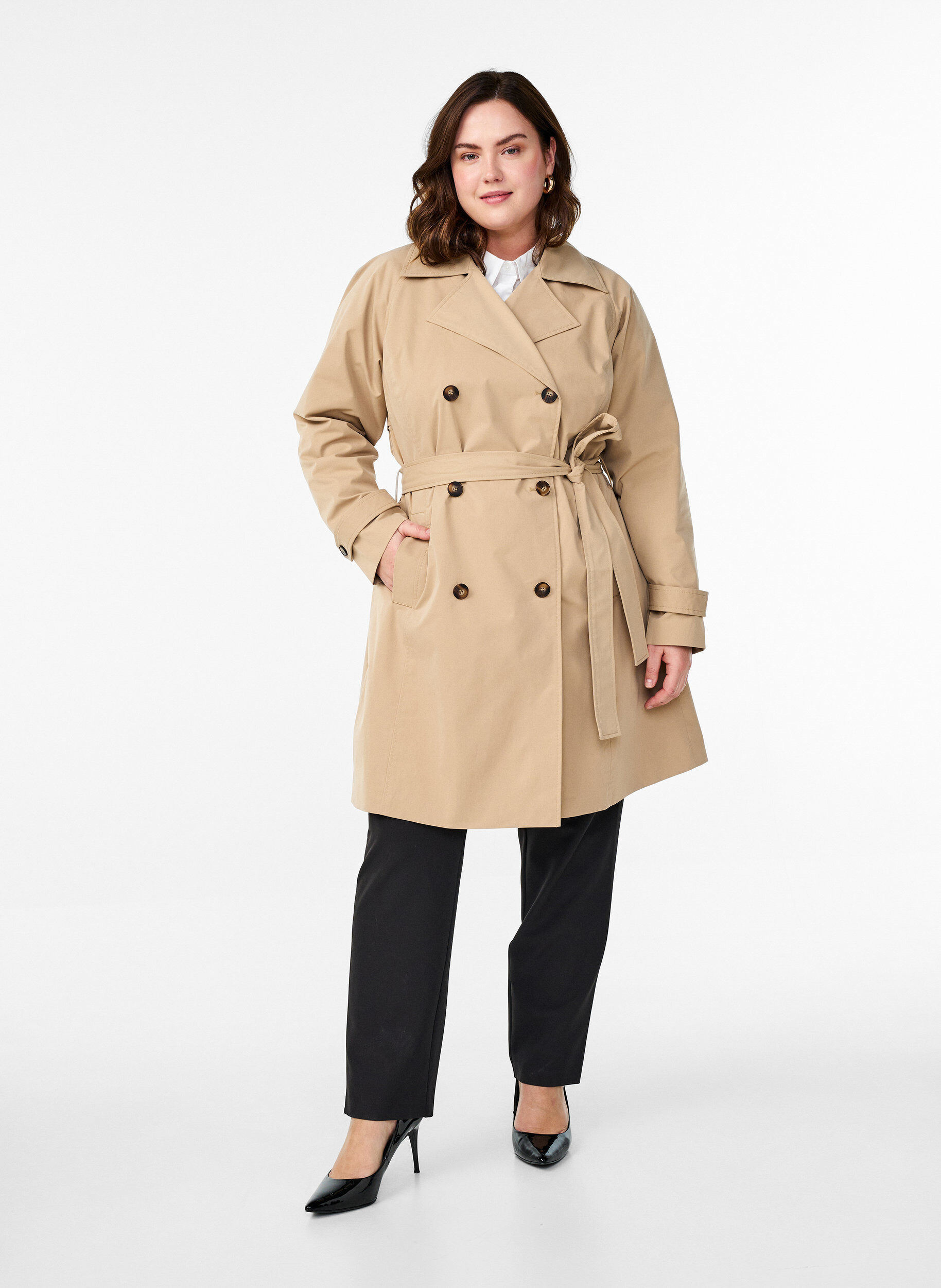 Zizzi Midilang trenchcoat med belte, Incense, Model image number 2
