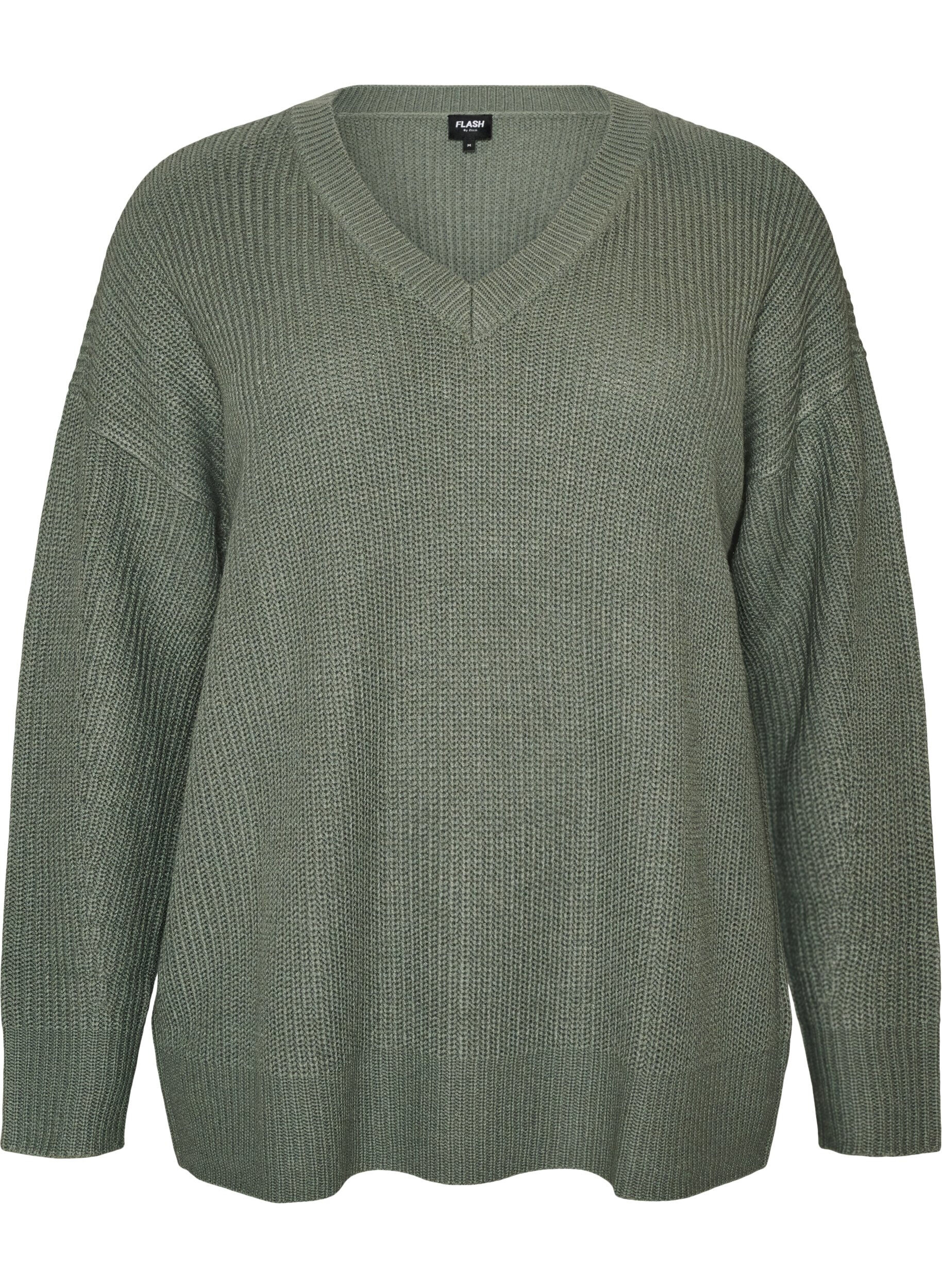 Lang ribbestrikket bluse med V-hals