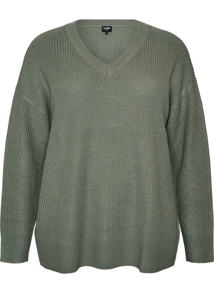 Lang ribbestrikket bluse med V-hals, Gr&oslash;nn, Packshot image number 0