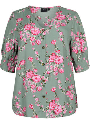 Bluse i viskoe med knapper, Spray Green Flower, Packshot image number 0