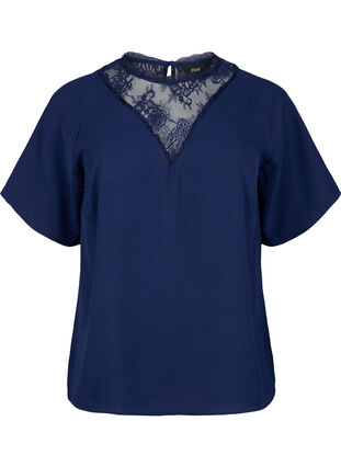 Bluse med korte ermer og blonder , Navy Blazer, Packshot image number 0