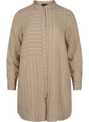 Lang stripete skjorte i viskosemiks, Timber Wolf/White, Packshot image number 0