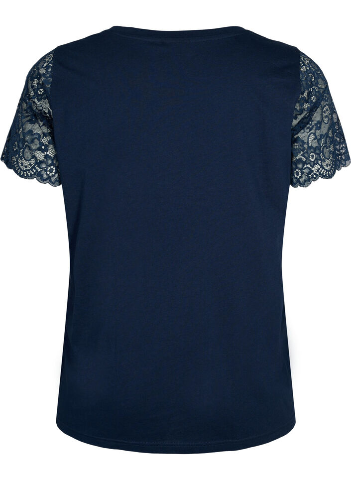 Bomull T-skjorte med korte blonderermer, Blå, Packshot image number 1