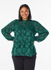 Bluse med knapper og blomstertrykk, Grønn Bluse med knapper og blomstertrykk, Grønn, Model