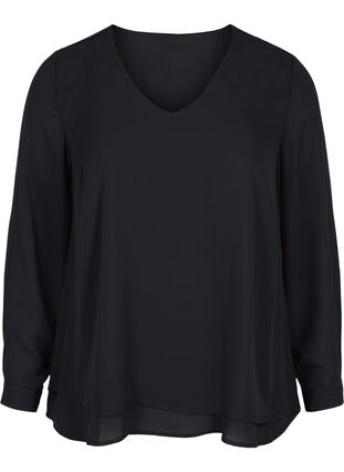 Langermet bluse med V-hals, Black, Packshot image number 0