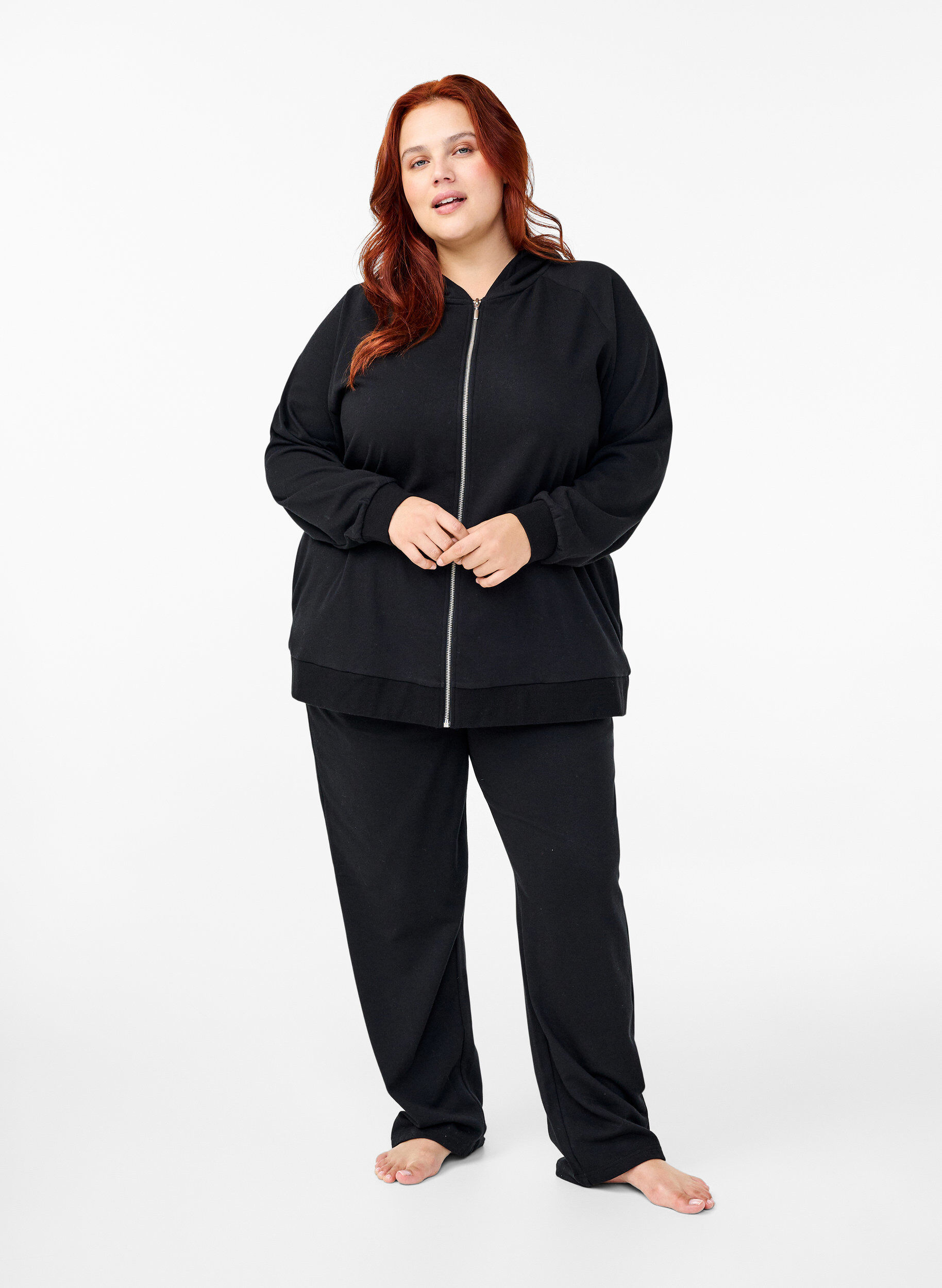 Sweat-cardigan med hette og lommer - Svart - Str. 40-64 - Zizzi