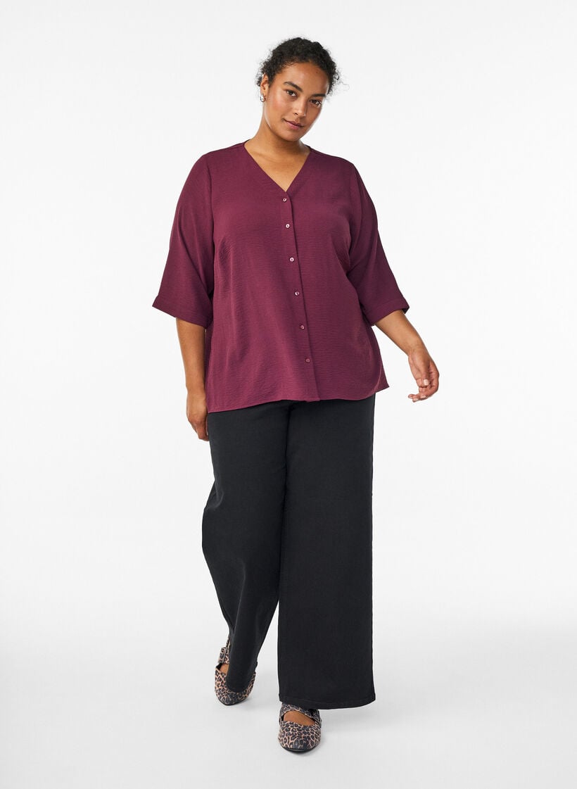 Skjortebluse med v-hals og 3/4 ermer, R&oslash;d, Model image number 1