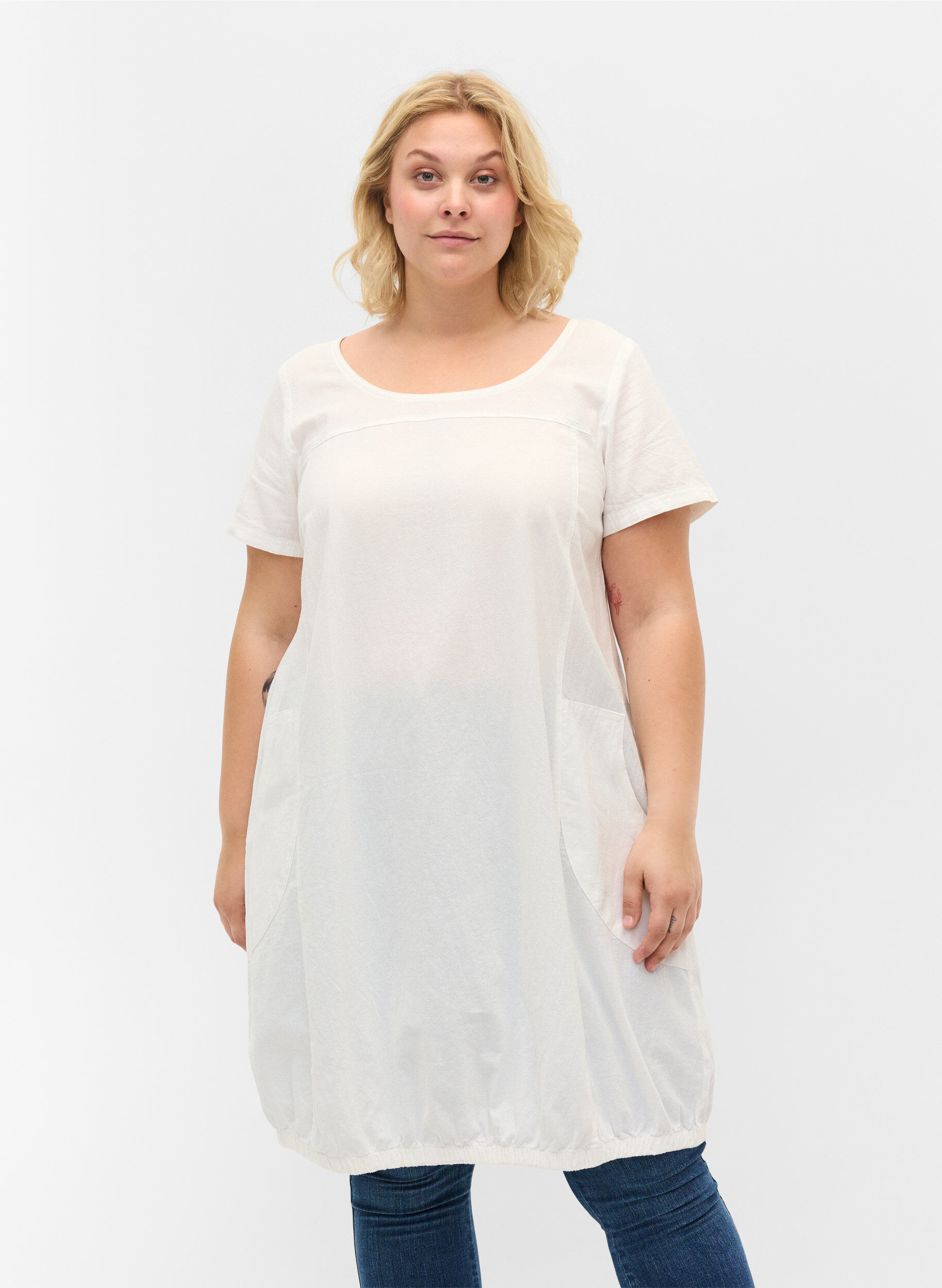 ZizziKortermet kjole i bomull, Hvit, Model image number 0